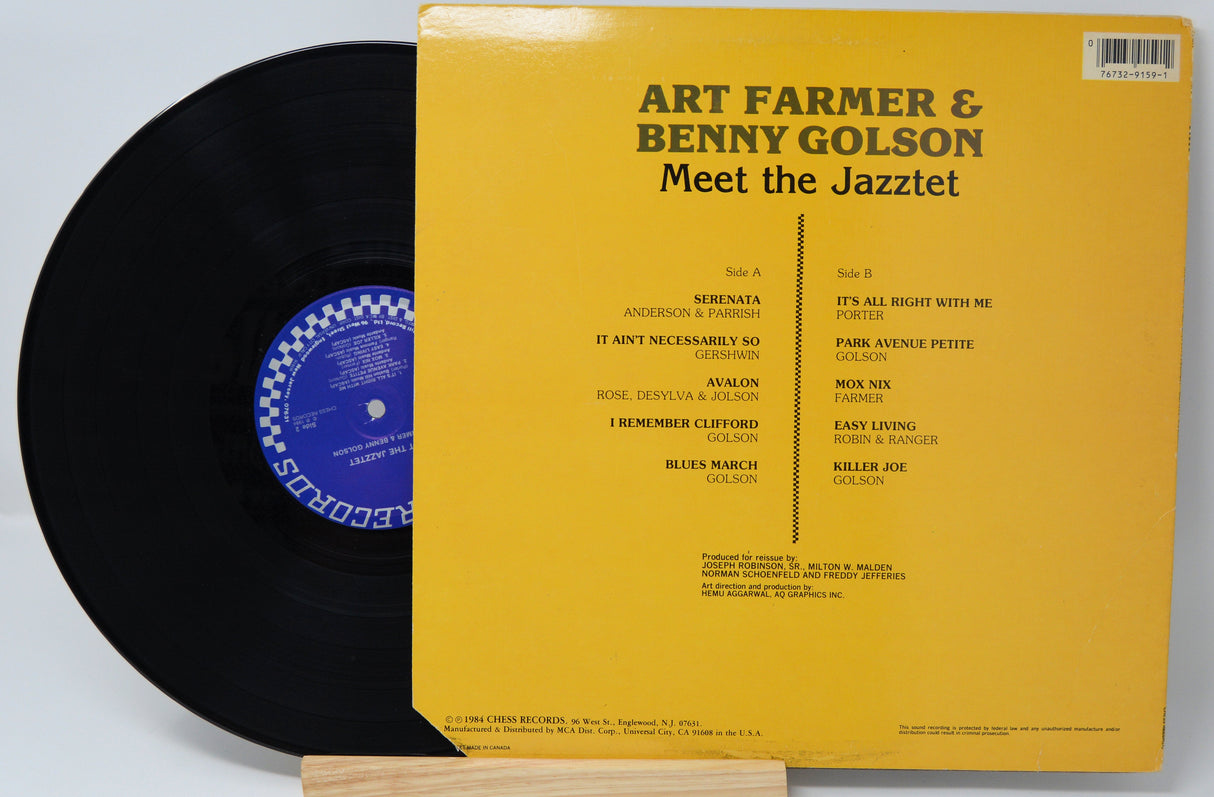 Back cover of 'Meet the Jazztet' vinyl LP by Art Farmer and Benny Golson showing tracklist and yellow design