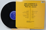 Back cover of 'Meet the Jazztet' vinyl LP by Art Farmer and Benny Golson showing tracklist and yellow design