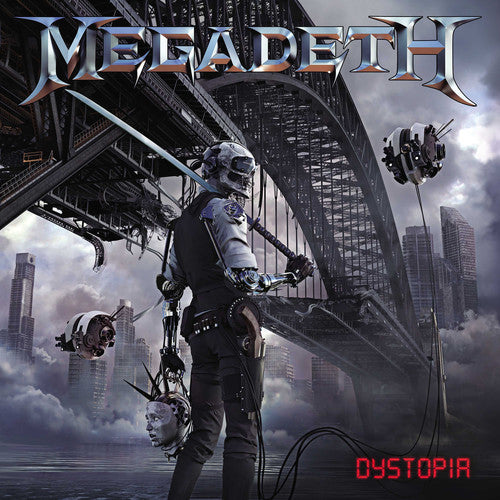 Album cover for Megadeth - Dystopia featuring an illustration of a character with a gun and a robot arm in a post-apocalyptic setting.