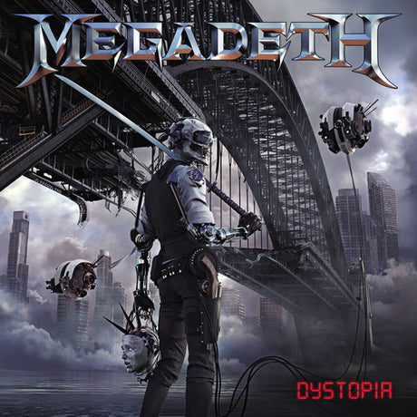 Album cover for Megadeth - Dystopia featuring an illustration of a character with a gun and a robot arm in a post-apocalyptic setting.