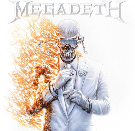 Album cover for Megadeth featuring a skeleton in a suit with flames and the band name.