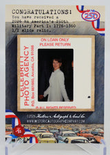 Vintage photo photo slide with Meryl Streep in a white dress and promotional text for a photo agency.