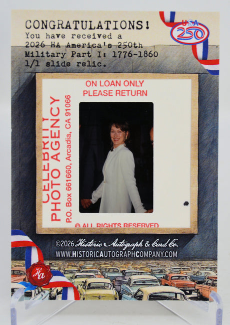 Vintage photo photo slide with Meryl Streep in a white dress and promotional text for a photo agency.