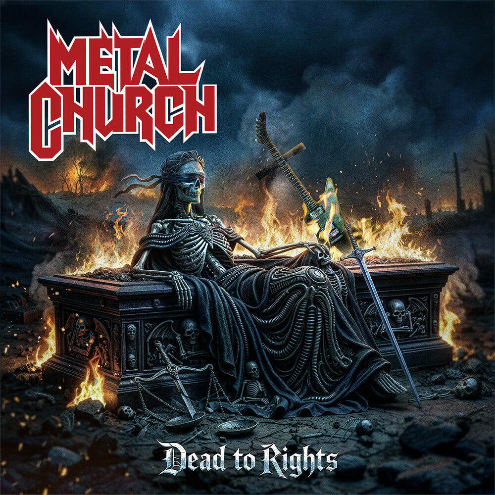 Album cover for 'Dead to Rights' by Metal Church featuring a skeleton in a throne with a guitar and sword.