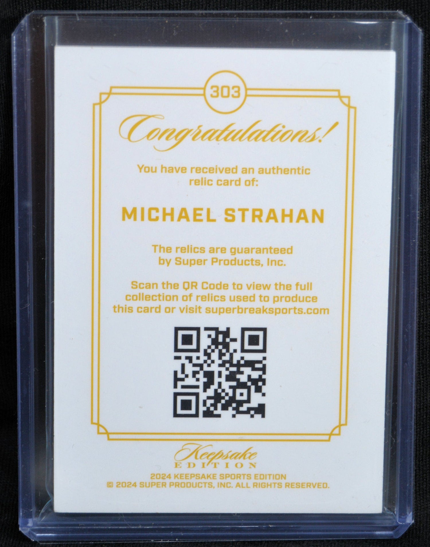 2024 Keepsake Edition Michael Strahan relic card authenticity certificate with QR code