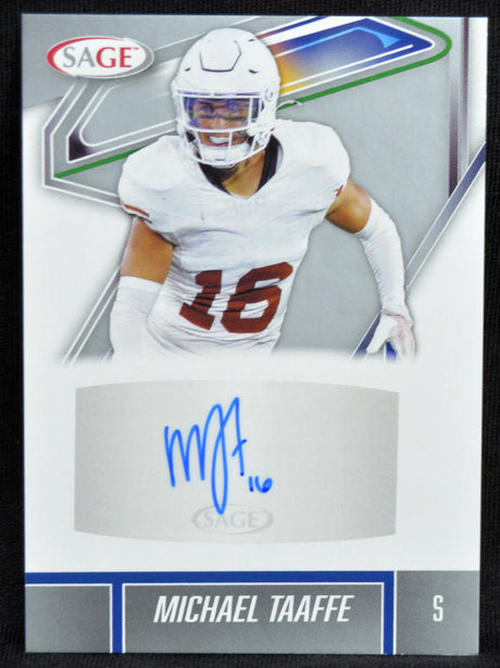 Football trading card of Michael Taaffe with autograph, wearing a white jersey with number 16.