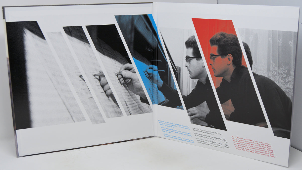 A square art print or poster displayed open against a white background, featuring a collage of diagonal black-and-white and color photo panels with small text blocks.