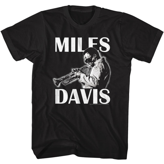 Black t-shirt with a graphic of Miles Davis playing trumpet and his name printed below on a white background.