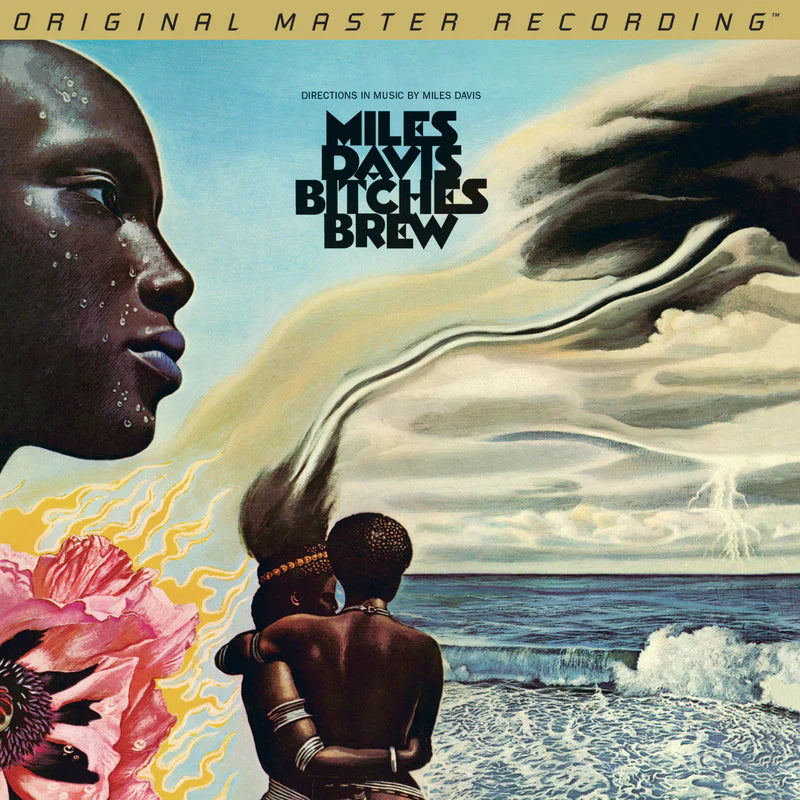 Album cover art for Miles Davis' Bitches Brew featuring abstract and colorful imagery including a figure's profile, floral elements, and a sea view.