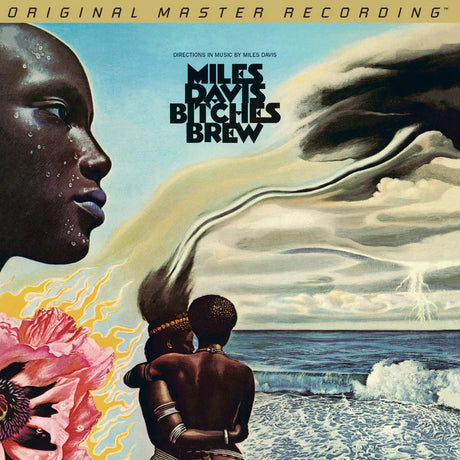 Album cover art for Miles Davis' Bitches Brew featuring abstract and colorful imagery including a figure's profile, floral elements, and a sea view.