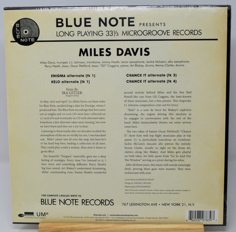 Back cover of a Blue Note Records vinyl record sleeve for Miles Davis, showing track listing and descriptive text on a beige background with the Blue Note logo at the top.