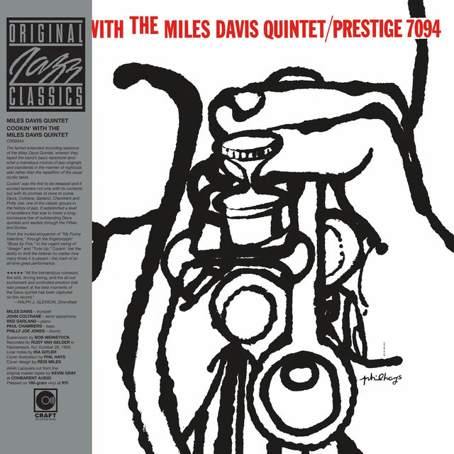 Album cover with abstract design and text about Miles Davis Quintet on a white background