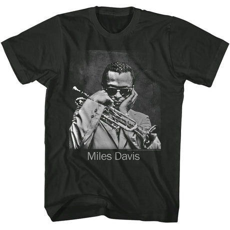 Black t-shirt with a graphic of Miles Davis playing trumpet on a white background