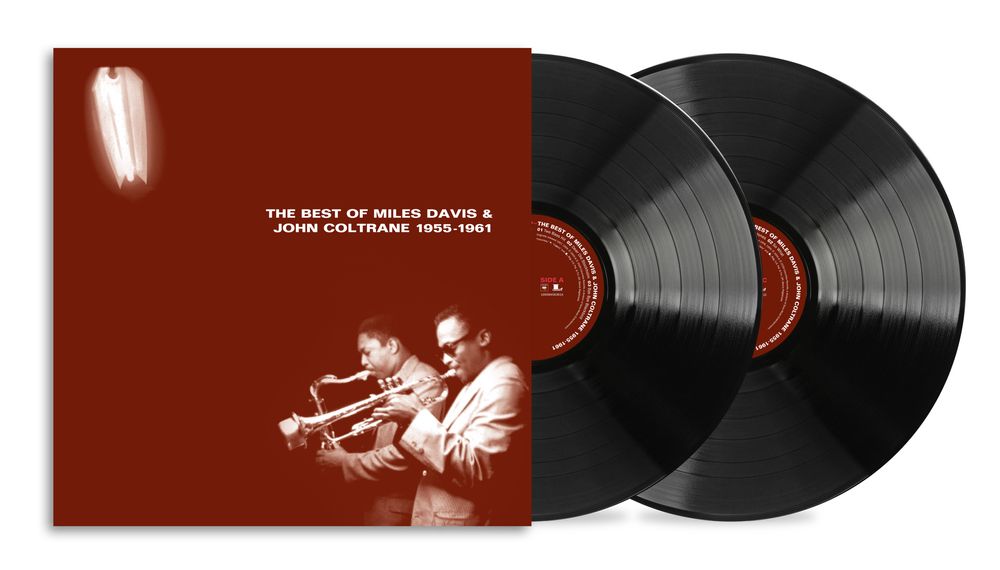 Vinyl record album set with a dark red square cover and two black LP records partially visible behind it on a white background.