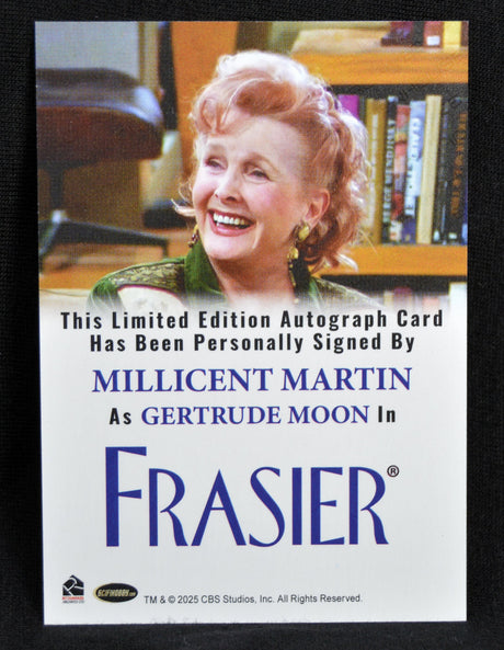 Autograph card signed by Millicent Martin as Gertrude Moon in Frasier, featuring a photo of the actress.