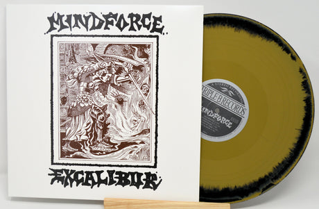 Mindforce Excalibur LP with exclusive illustrated cover art and yellow-black splatter vinyl from Triple-B Records