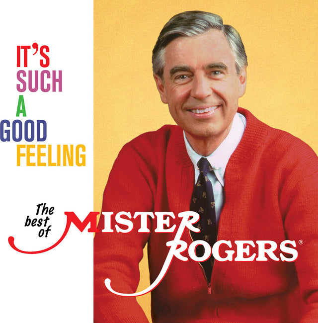 Vinyl record cover for 'The Best of Mister Rogers' with a picture of him smiling in a red sweater against a yellow background.