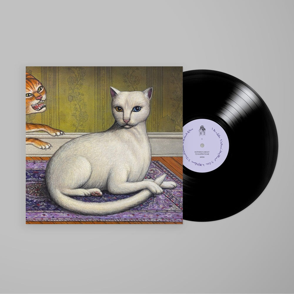 Vinyl record with a cat illustration on the cover and a white cat on the record itself.