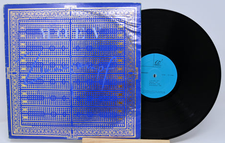 Vinyl record with blue label and cover on a white background