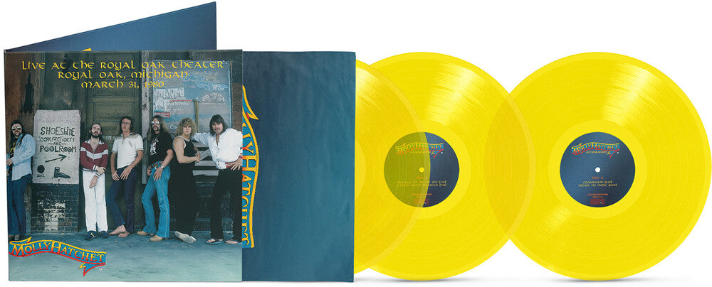 Yellow vinyl records with a blue cover featuring the group Molly Hatchet and text.