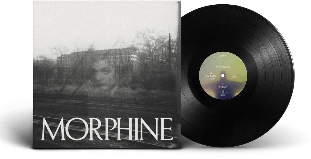 Morphine vinyl record album shown with the black LP partially pulled from the sleeve, which features a black-and-white moody outdoor portrait and the band name MORPHINE in large white letters.