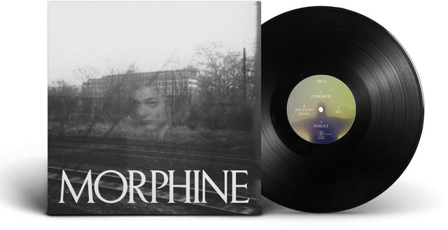 Morphine vinyl record album shown with the black LP partially pulled from the sleeve, which features a black-and-white moody outdoor portrait and the band name MORPHINE in large white letters.