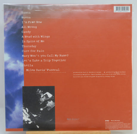 The back cover of a vinyl record  featuring a terracotta orange background with a blue cloudy graphic on the left, white tracklist text, and a black-and-white photo.