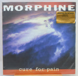 Morphine - 'cure for pain' vinyl record album cover, featuring a dramatic blue and white storm cloud design with orange bands at the top and bottom and a gold 'Music On Vinyl' sticker.