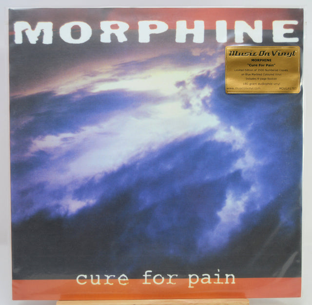 Morphine - 'cure for pain' vinyl record album cover, featuring a dramatic blue and white storm cloud design with orange bands at the top and bottom and a gold 'Music On Vinyl' sticker.