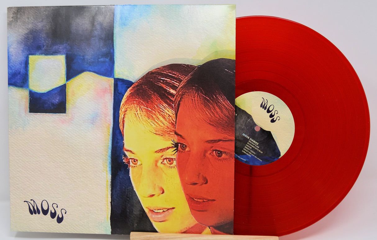 Front cover of Moss by Maya Hawke with red vinyl, featuring double exposure portrait artwork