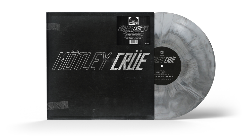 Vinyl record with Mötley Crüe branding on a white background