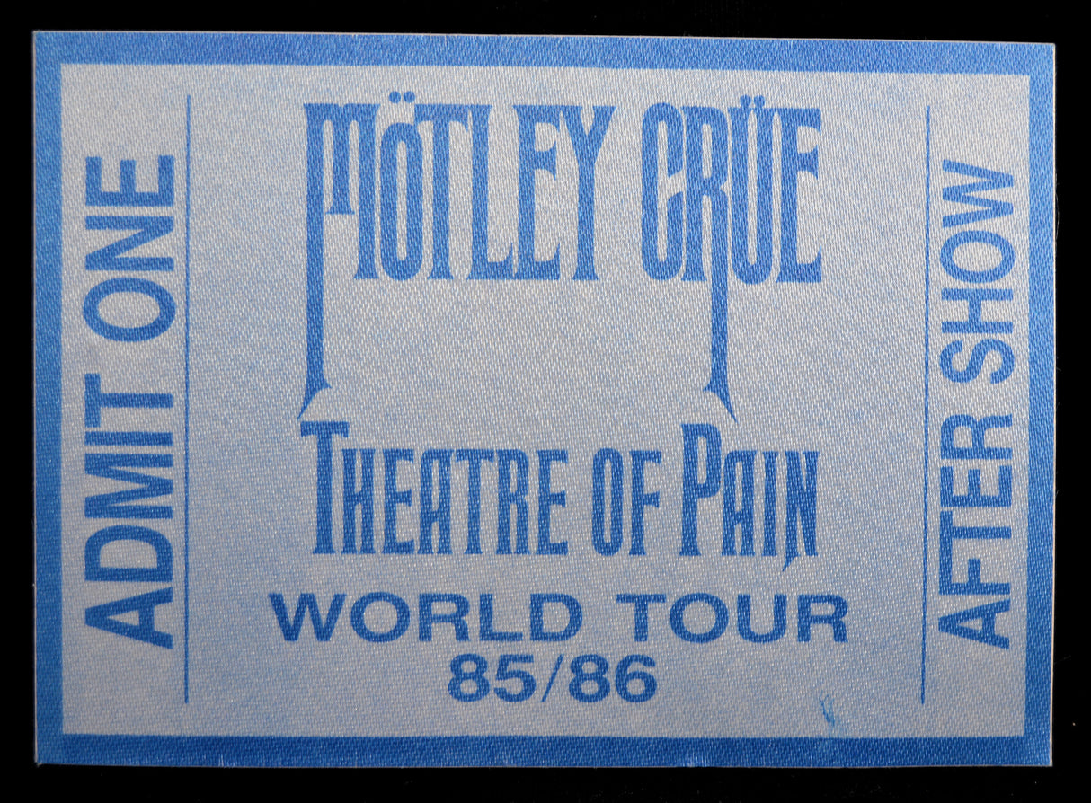 Blue backstage pass for Mötley Crüe's 'Theatre of Pain' World Tour 1985/1986