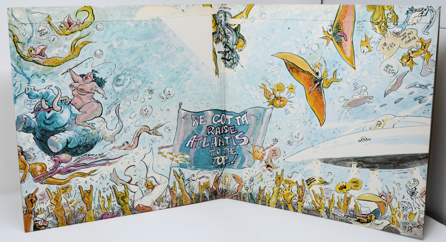 Colorful illustrated gatefold artwork inside Parliament's Motor Booty Affair vinyl album