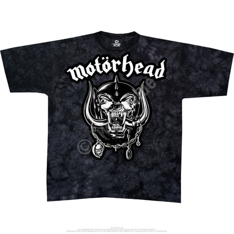 Black tie-dye t-shirt with 'motorhead' logo featuring a skull and crossbones on a white background.