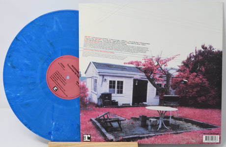 A vinyl record partially visible behind its printed back cover, photographed on a light background. The record is bright translucent blue with a pink center label.