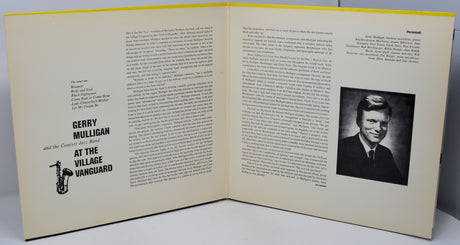 Open book with text and a black and white photo of a person on a white background