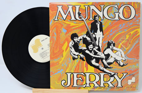 A vinyl record partially pulled from its illustrated album cover, showing the black record on the left and the cover on the right. The cover features the title 'MUNGO JERRY' in large white letters over a swirling orange, yellow, and blue abstract background with black-and-white band portraits.