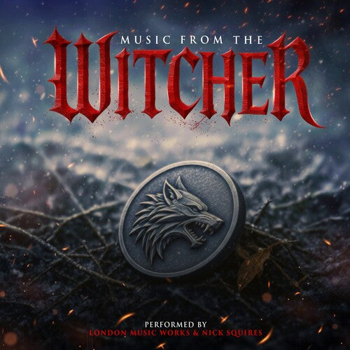 Album cover for 'Music from The Witcher' with a wolf emblem and fiery background.
