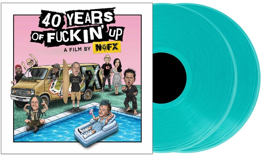Vinyl record with a colorful cover featuring caricatures and text, alongside a clear blue vinyl disc.