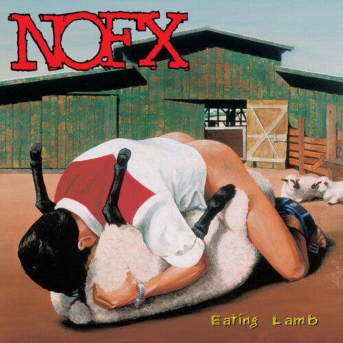 Album cover for NOFX's 'Eating Lamb' featuring a person on a sheep with a barn in the background.