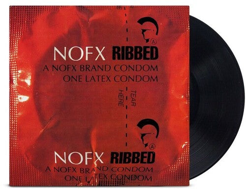 NOFX 'Ribbed' vinyl record and condom packaging on a white background