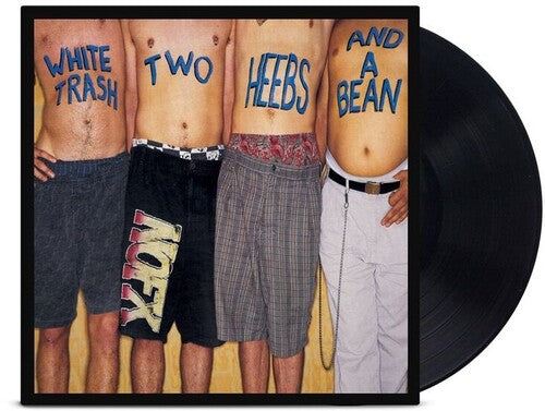 Vinyl record with a cover featuring four people wearing shorts with text on their torsos.