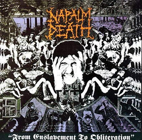 Album cover for 'Napalm Death' with a central portrait and text overlay.