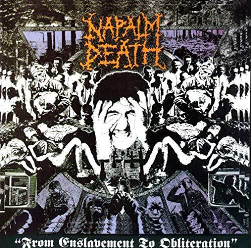Album cover for 'Napalm Death' with a central portrait and text overlay.