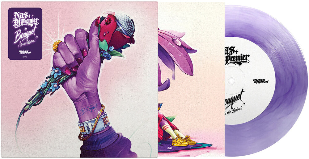 Vinyl record with a stylized hand holding flowers and a microphone, featuring the artist's name on a pink background.