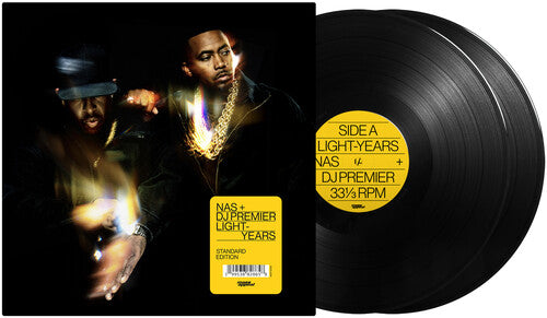 Vinyl record set with cover featuring a rapper, labeled 'Nas & DJ Premier Light Years'.