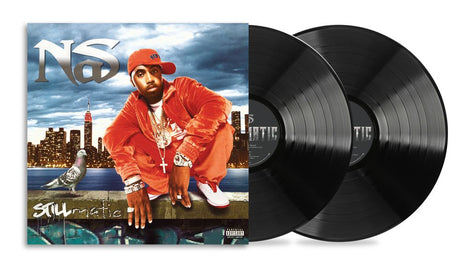 Vinyl album with cover featuring a person in a red outfit and cap, set against a cityscape.