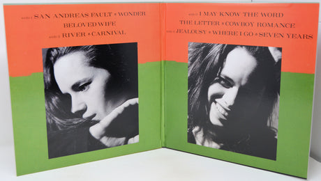 A book or album cover shown open, with two front panels visible. The design has a bright orange top section and a lime green bottom section, with black-and-white portrait photos of a woman and white title text.
