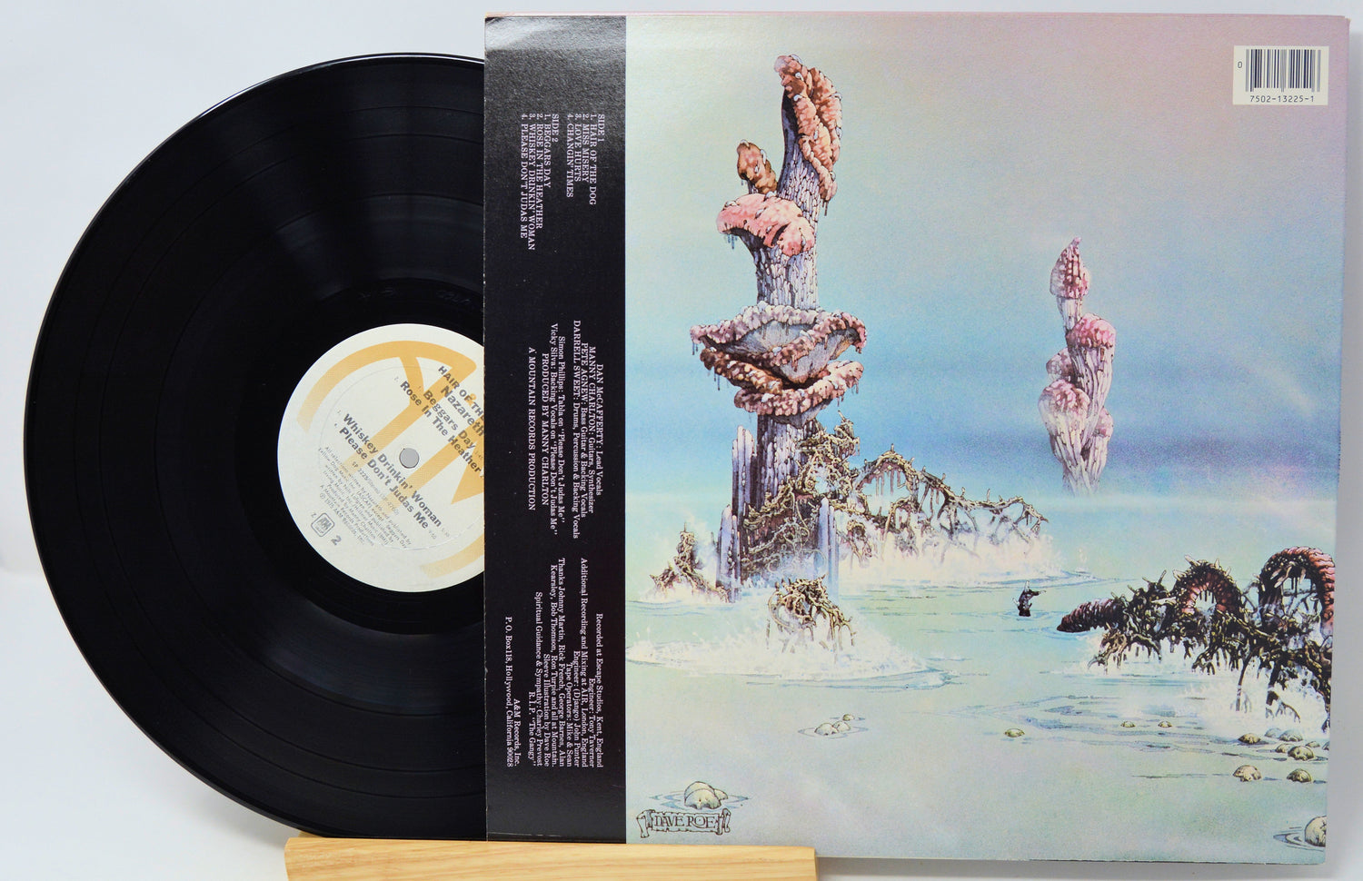 A vinyl record partially pulled from its sleeve, showing the black LP disc and the illustrated album cover. The artwork depicts surreal floating rock formations over a pale blue and white seascape.
