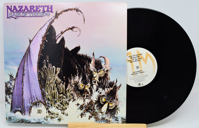 Nazareth - Feast of the Lamb vinyl record LP with the illustrated album cover standing beside the black record on a light background.